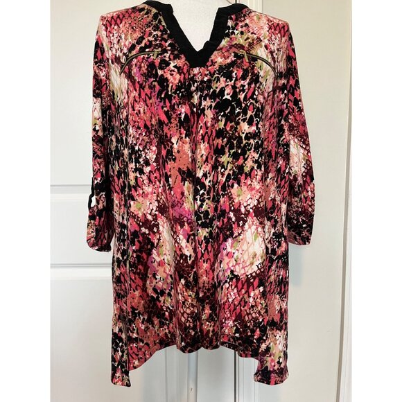 Robert Louis Womens V-Neck Tunic Top Size 1X Multi-Color Abstract Long Sleeve - Picture 1 of 7